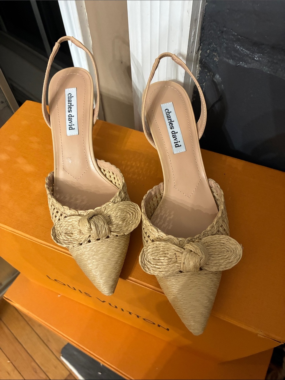 Charles David Natural Raffia Pointed Slingback Mules